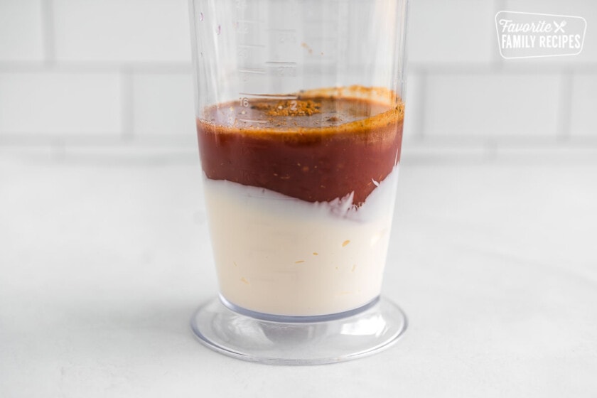 Mayo, Chili Sauce, and spices in a blender bottle