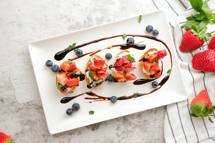 Served Strawberry Bruschetta.