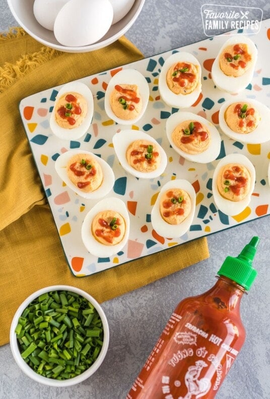 A platter of sriracha deviled eggs