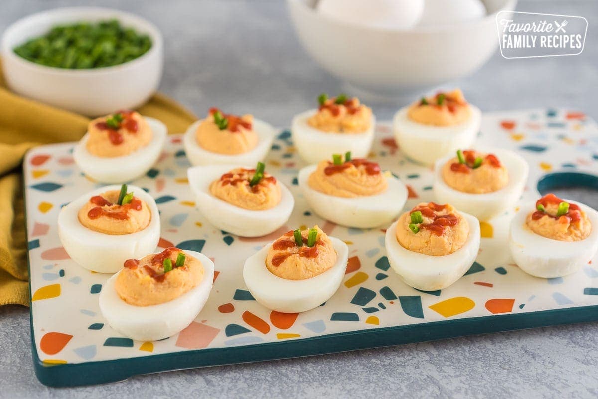 A platter of sriracha deviled eggs.