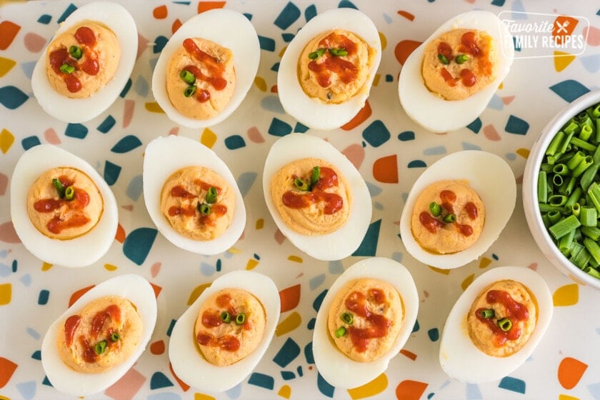 A platter of sriracha deviled eggs