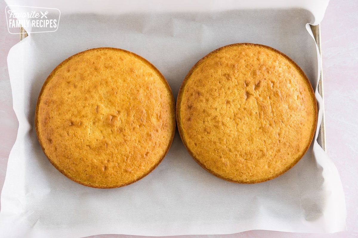 Two round vanilla cakes on a baking sheet
