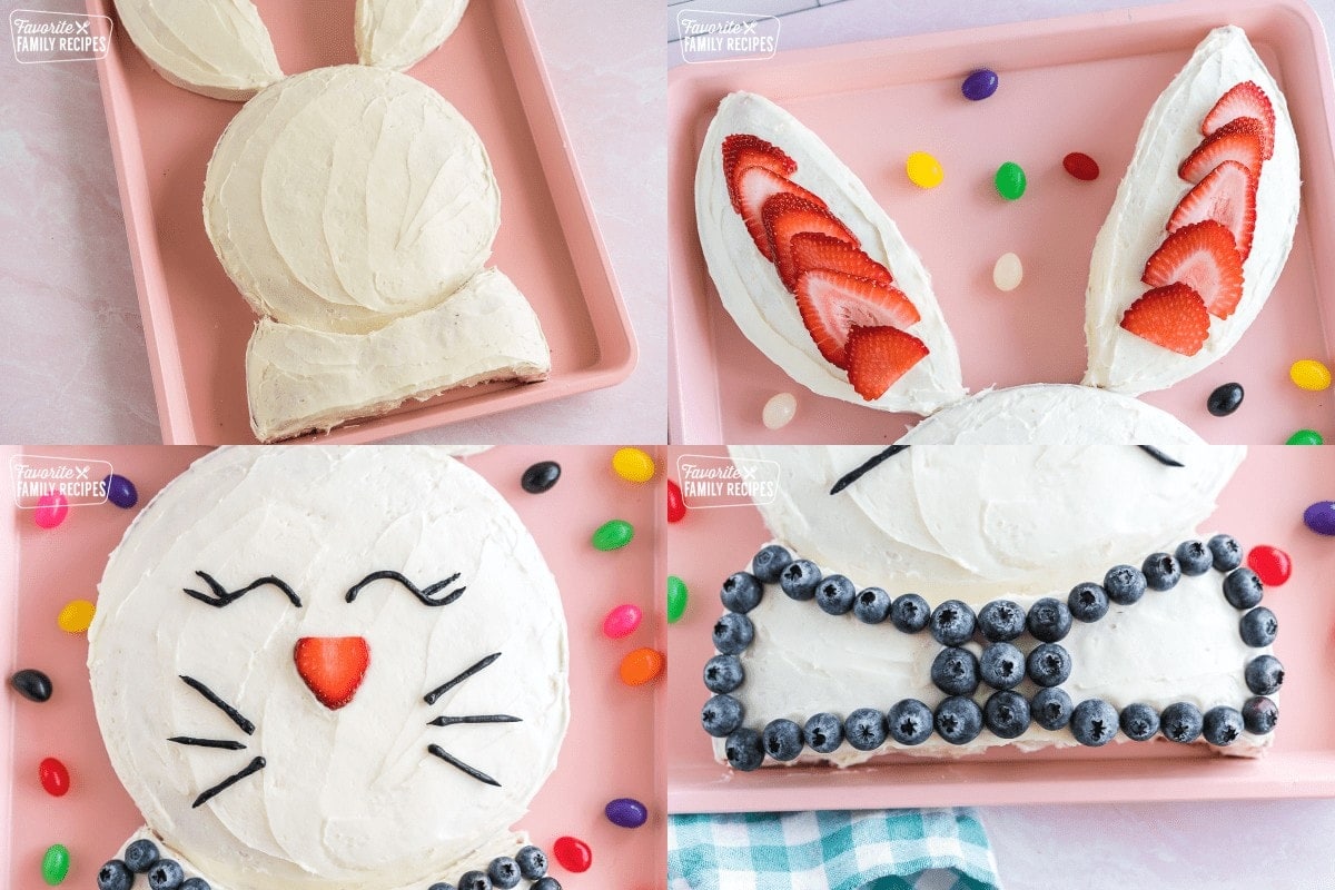 Four pictures together showing how to decorate a bunny cake. One with just frosting, one with strawberries on the ears, one with blueberries on the bowtie, and one with frosting piped eyes and whiskers and a strawberry slice nose. 