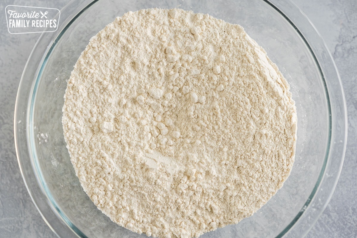 A bowl of dry ingredients for biscuits