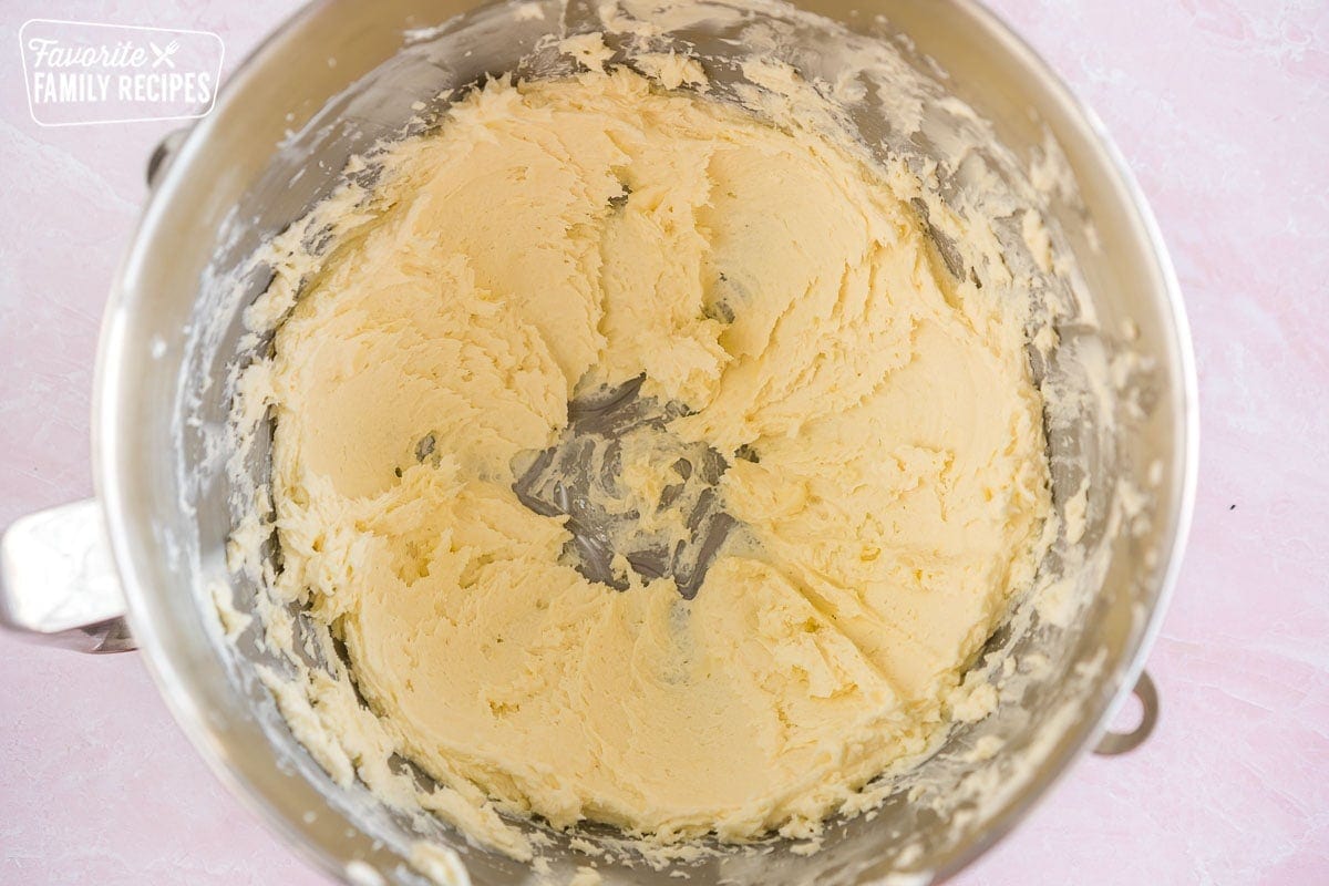Cream cheese and butter creamed together in a large mixing bowl