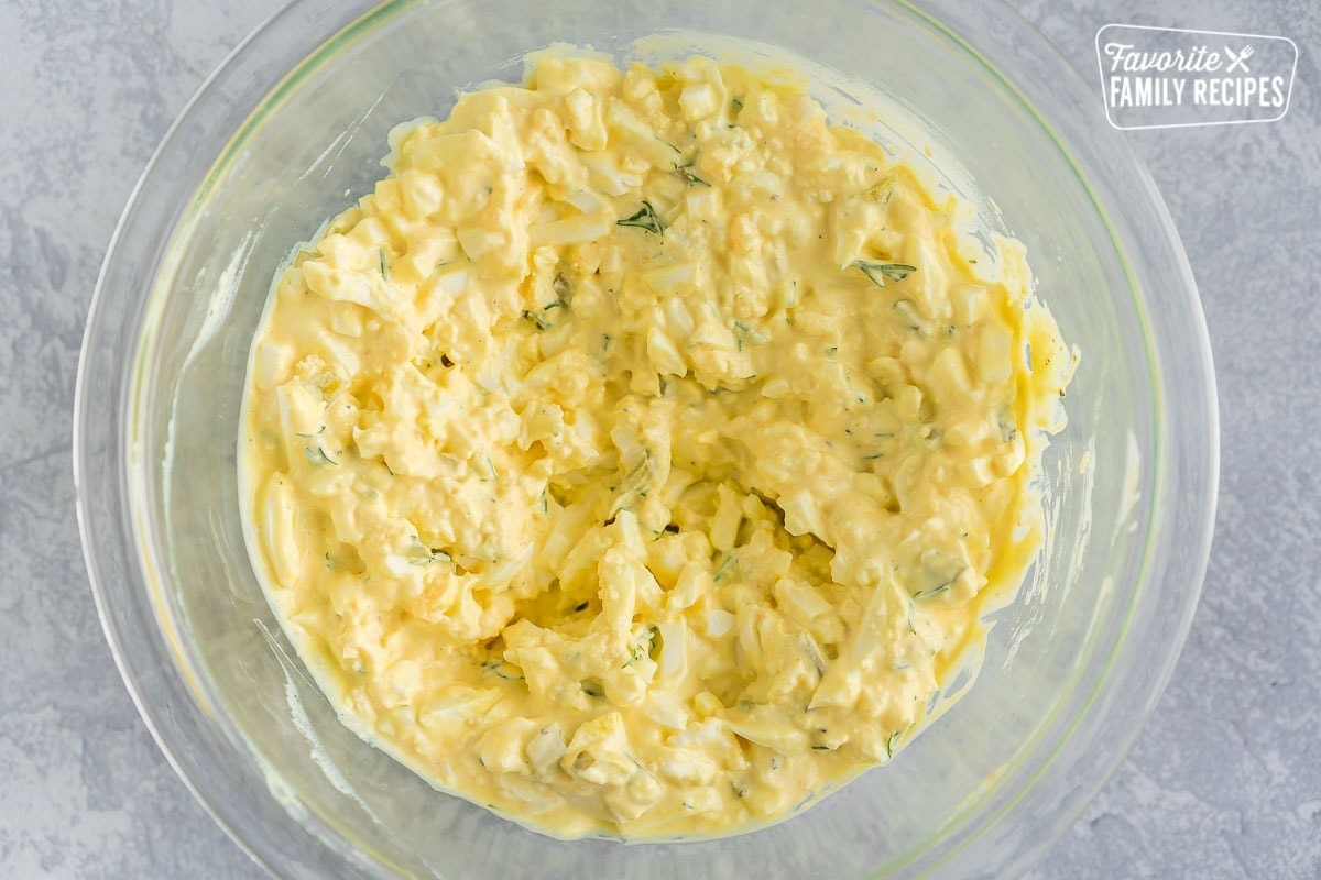 Egg Salad in a large glass bowl.