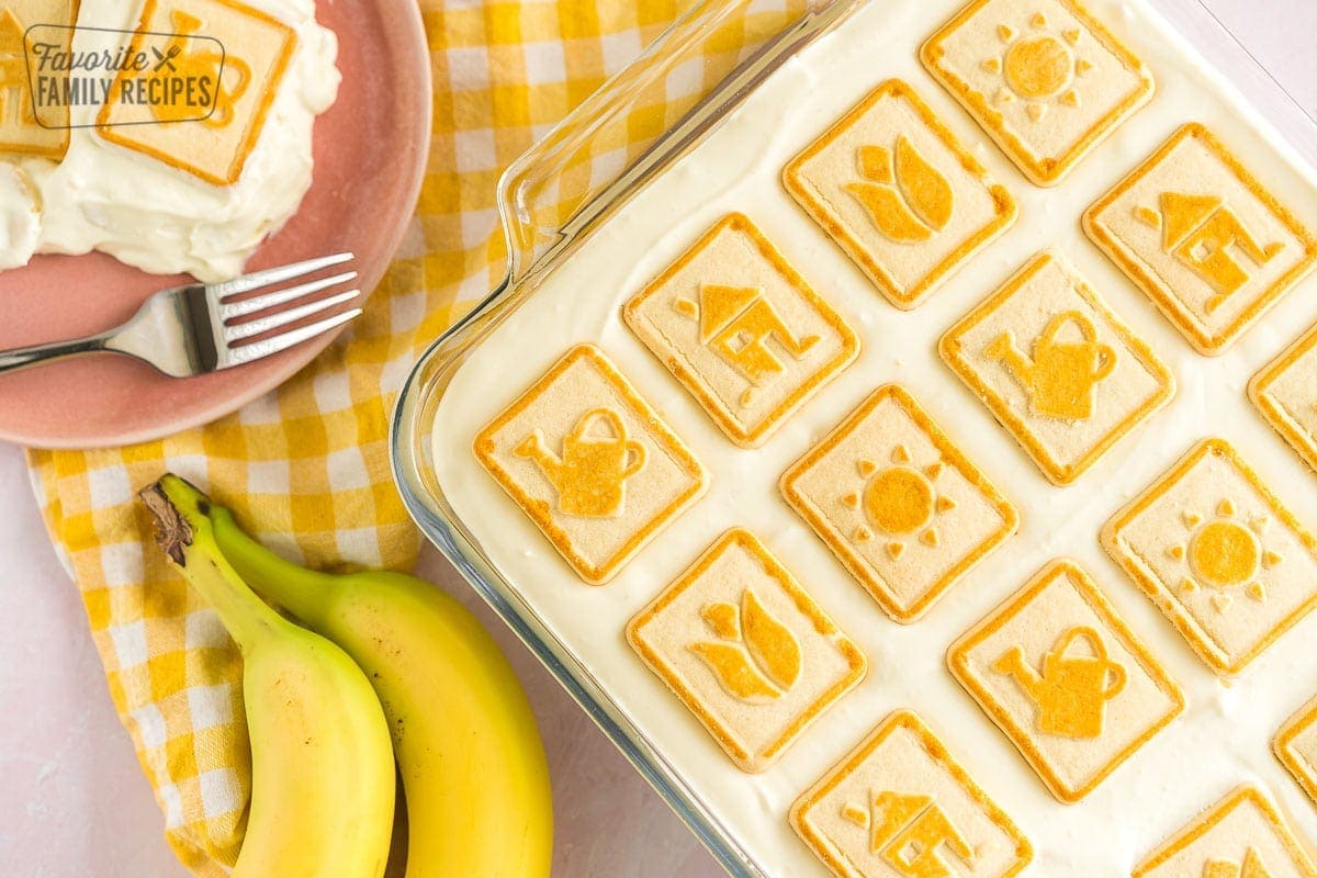 A baking dish full of banana pudding.