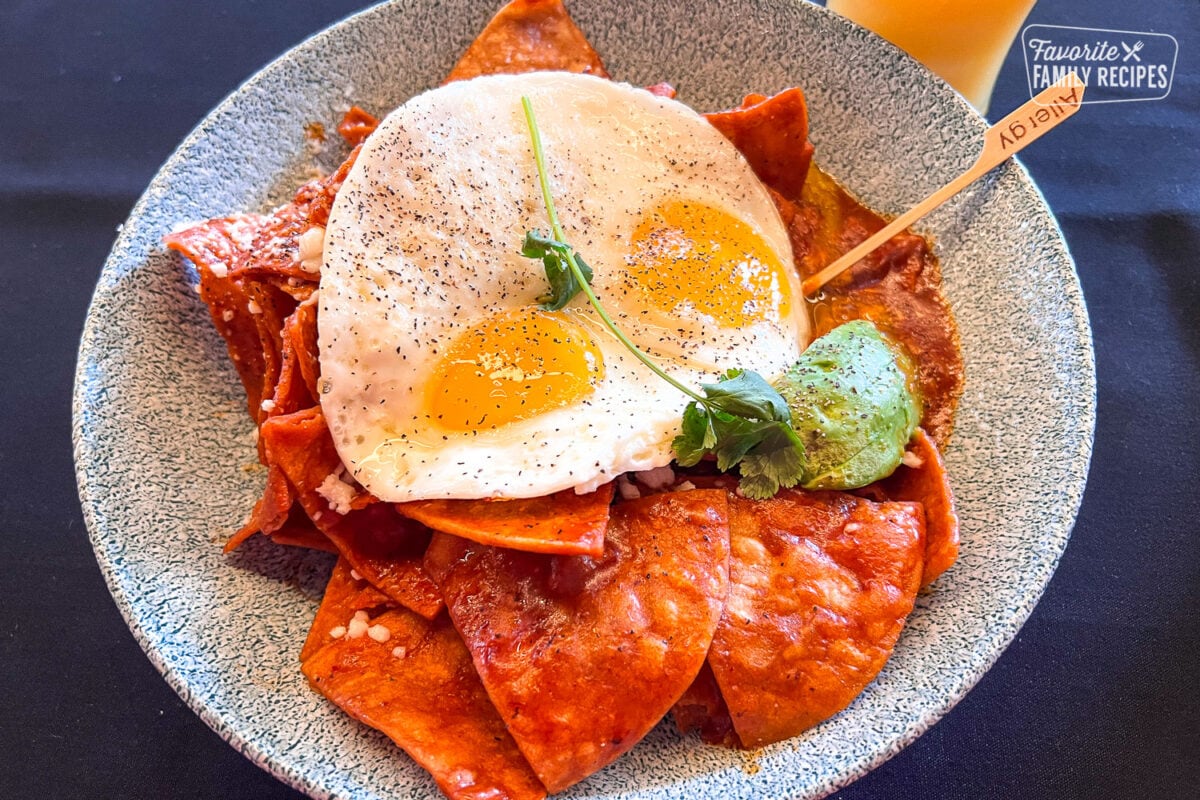 Gluten free lamplight chilaquiles in a bowl. 