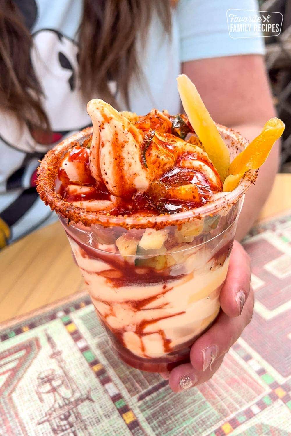 Chili-Mango whip in a plastic cup. 