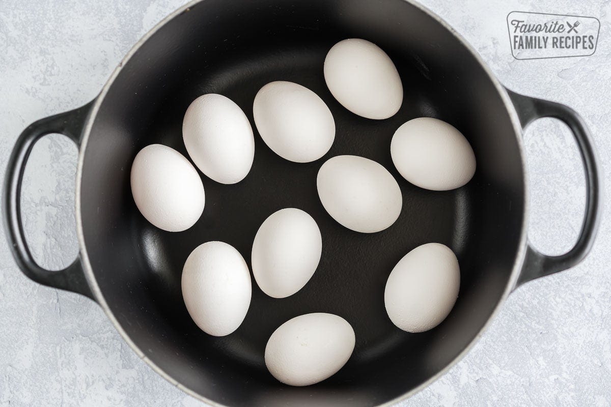 Eggs in a single layer in the bottom of a large pot
