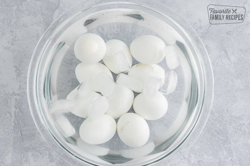 Hard Boiled Eggs in a bowl with ice and water