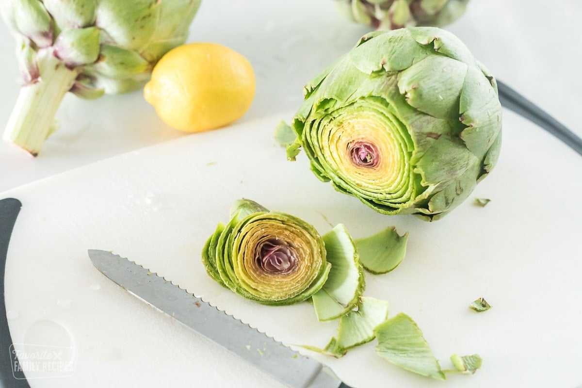 An artichoke with the top cut off
