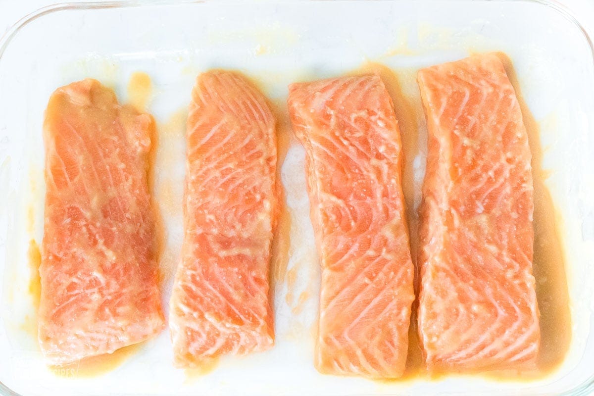 Four filets of salmon covered in a miso glaze