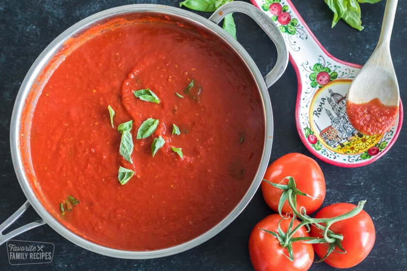 A pan with pomodoro spaghetti sauce