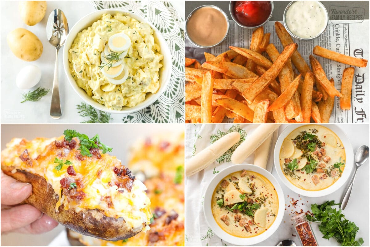 Collage of Potato recipes including potato salad, fries, twice baked potatoes, and potato soup