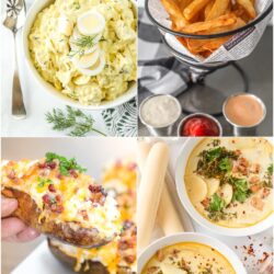Collage of Potato recipes including potato salad, French fries, twice baked potatoes, and potato soup