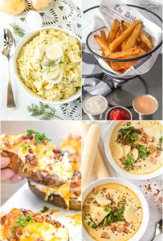 Collage of Potato recipes including potato salad, French fries, twice baked potatoes, and potato soup
