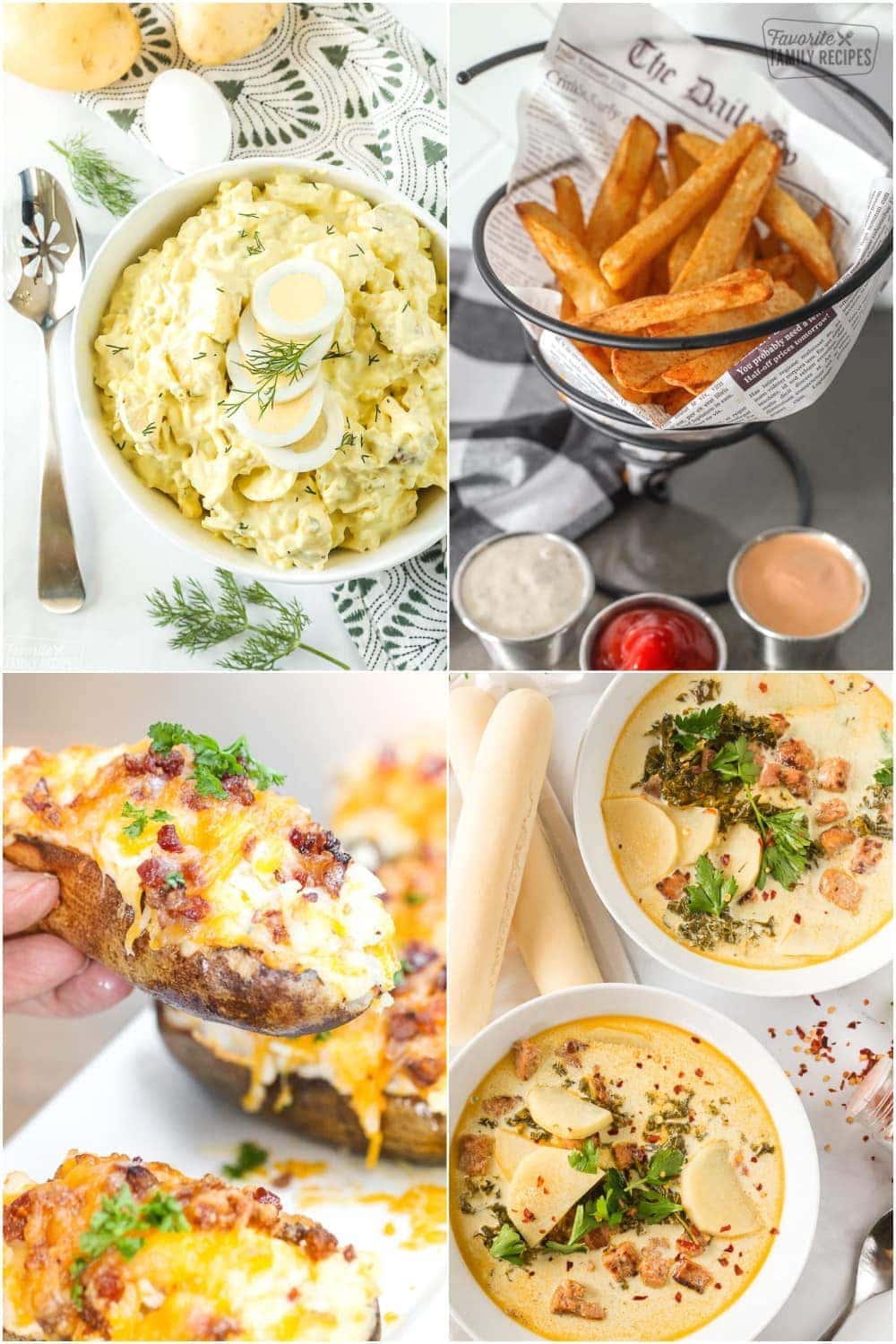 Collage of Potato recipes including potato salad, French fries, twice baked potatoes, and potato soup