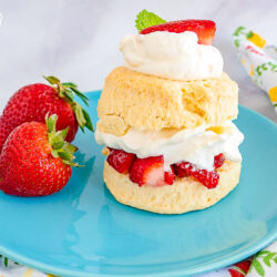Strawberry shortcake on a blue plate on top of a marble countertop