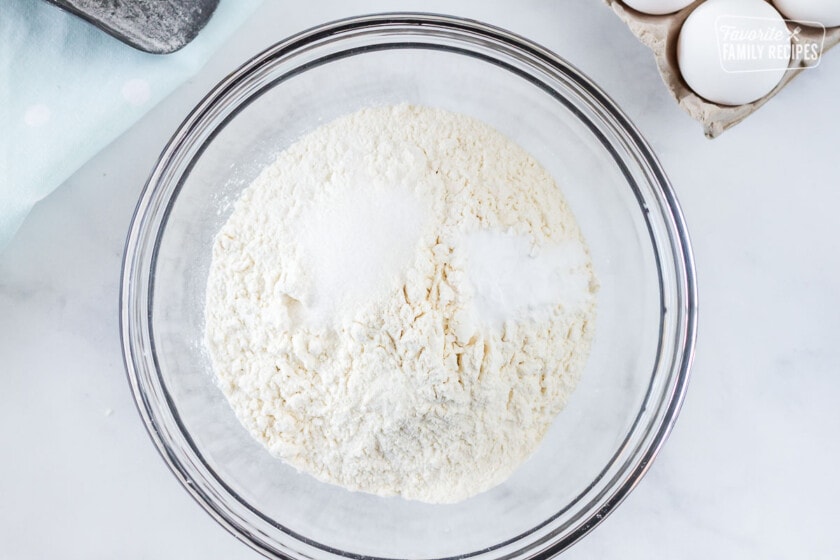 Bowl of flour, salt and baking soda to make Cadbury cookies