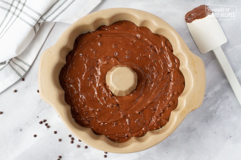 Top view of Chocolate Nothing Bundt Cake batter in a Bundt pan.