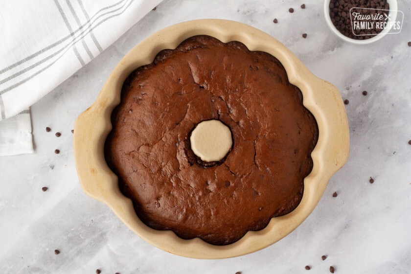 Baked Chocolate Nothing Bundt Cake in a bundt pan.