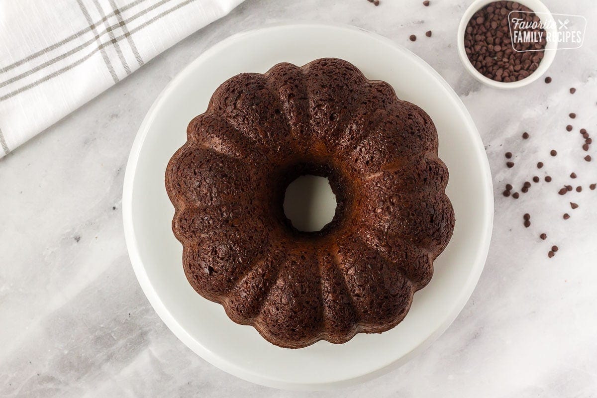 Unfrosted Chocolate Nothing Bundt Cake on a cake plate.