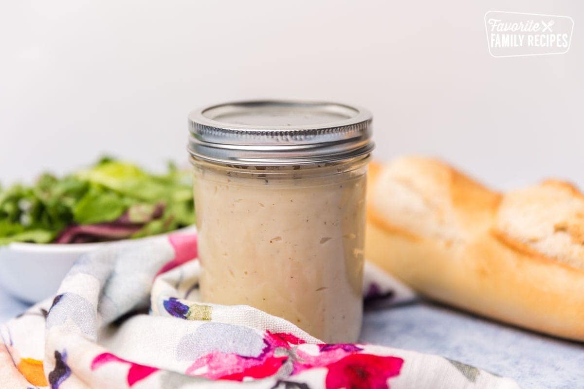 Cream of chicken in jar with salad and bread