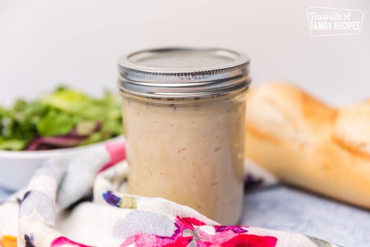 Cream of chicken in jar with salad and bread