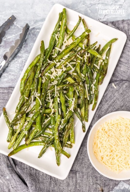 Cooked Green Beans with parm cheese on serving dish