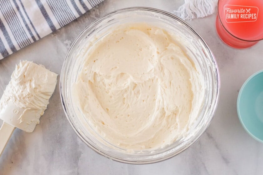 Bowl of whipped filling for Hawaiian Guava Cake