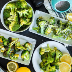 Four plates of broccoli each of them showing a different cooking method including steamed, roasted, sautéed, and air fried