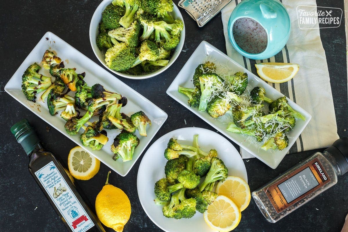 Four plates of broccoli each of them showing a different cooking method including steamed, roasted, sautéed, and air fried.