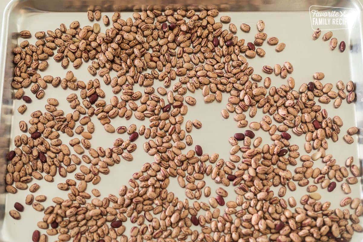 Dry cranberry pinto beans on a baking sheet