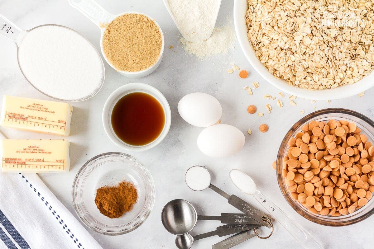 Ingredients to make Oatmeal Butterscotch Cookies.