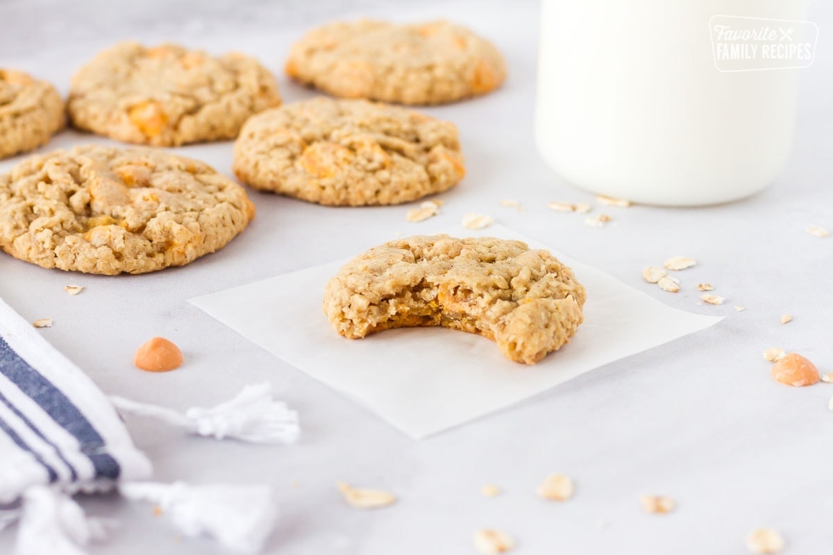 Bite out of an Oatmeal Butterscotch Cookie.