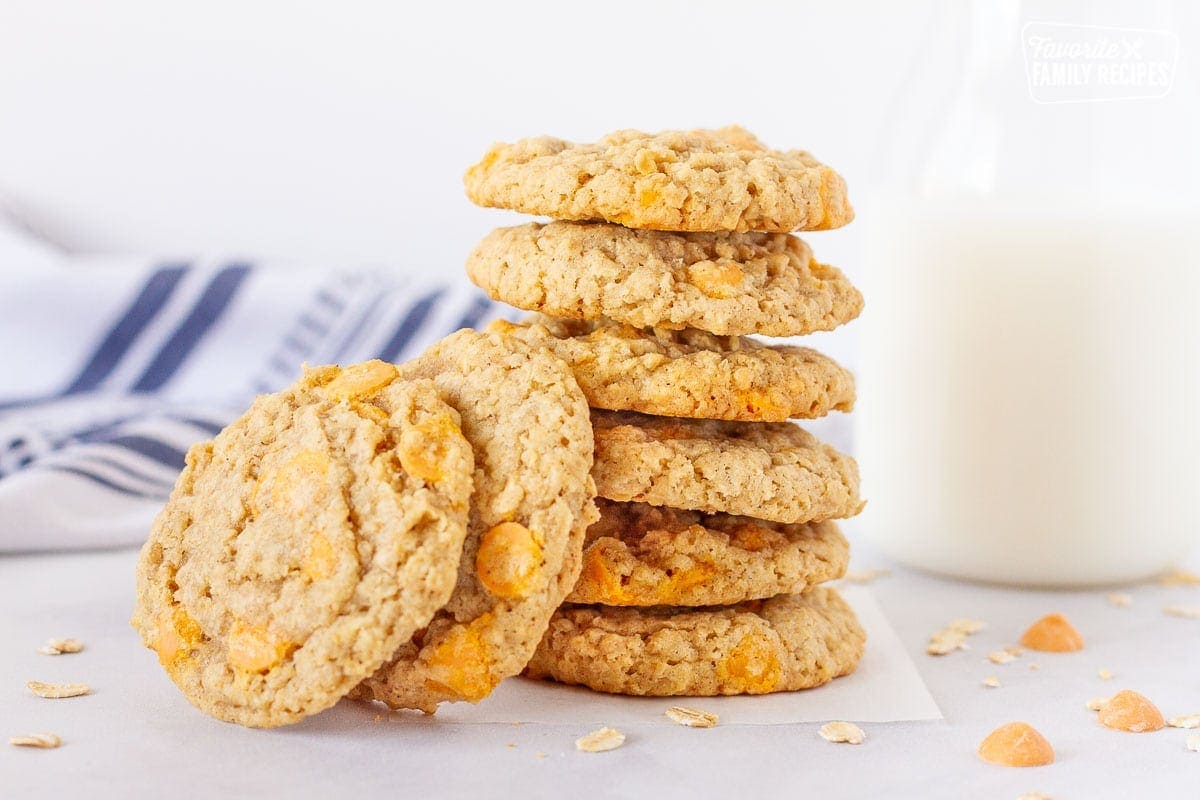 Oatmeal butterscotch cookies are slightly crisp on the outside & chewy on the inside. Butterscotch chips take traditional oatmeal cookies to the next level! Stack of Oatmeal Butterscotch Cookies.
