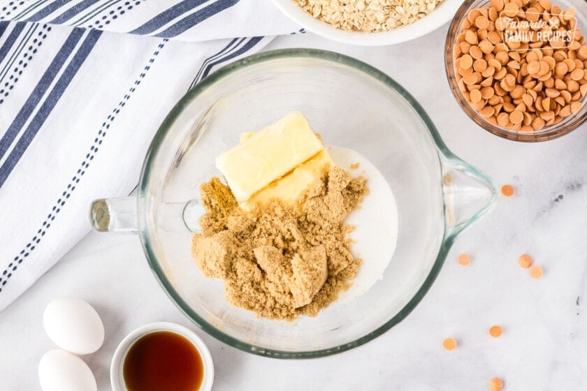 Butter and sugars in mixing bowl to make Oatmeal Butterscotch Cookies.