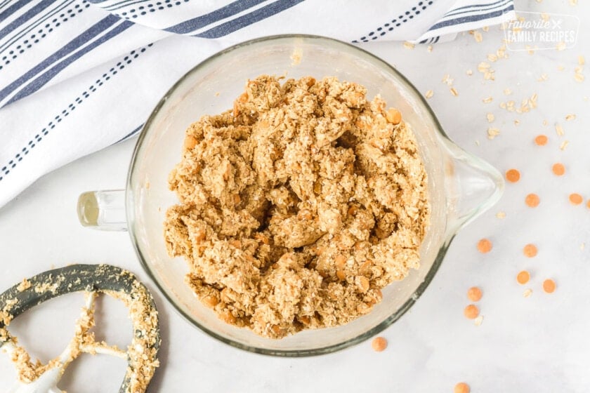 Oatmeal Butterscotch Cookie batter with butterscotch chips.