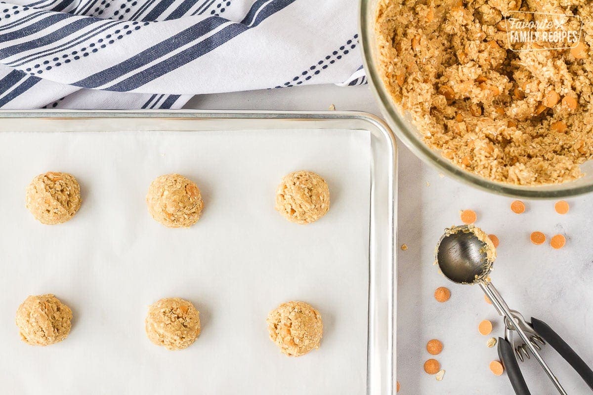 Cookie scoops of Oatmeal Butterscotch Cookies.