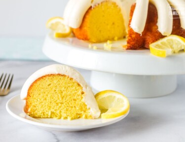 Slice of Lemon Nothing Bundt Cake on a plate.