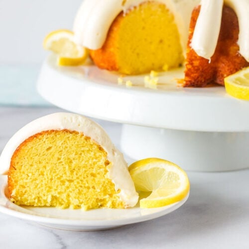Slice of Lemon Nothing Bundt Cake on a plate.