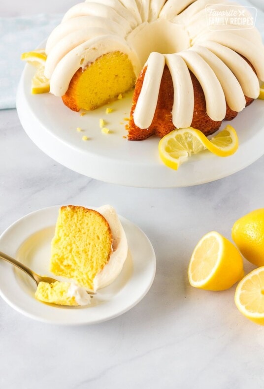 Serving slice of lemon nothing bundt cake.