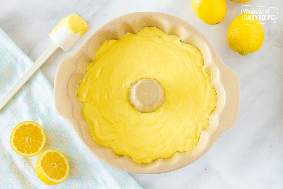 Batter in a bundt pan for Lemon Nothing Bundt Cake