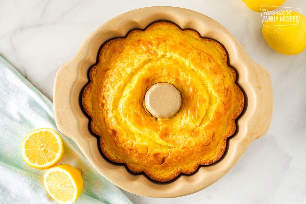 Baked Lemon Nothing Bundt Cake in a bundt pan.