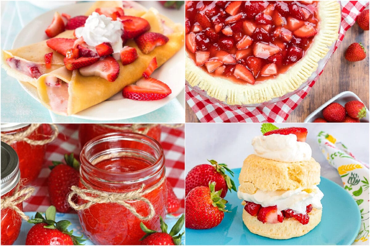 Wide collage of 4 strawberry recipes