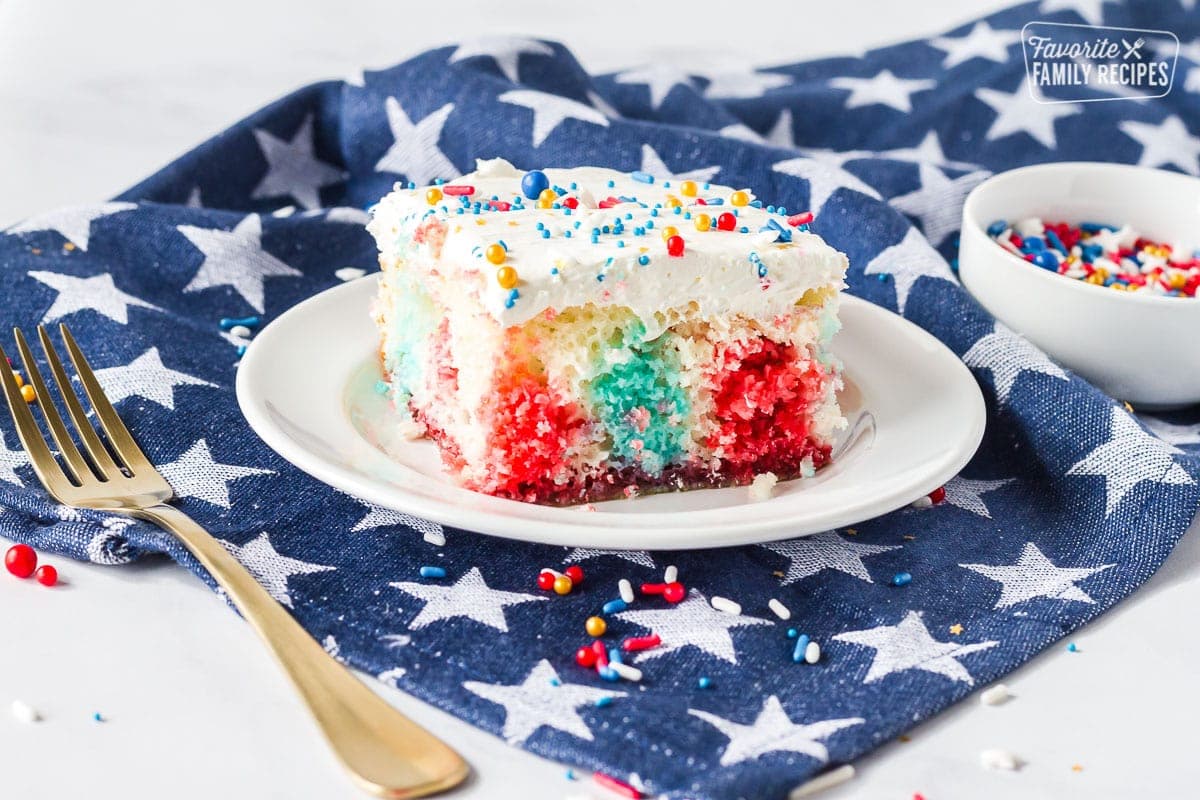 Single slice of red, white and blue 4th of July Cake.