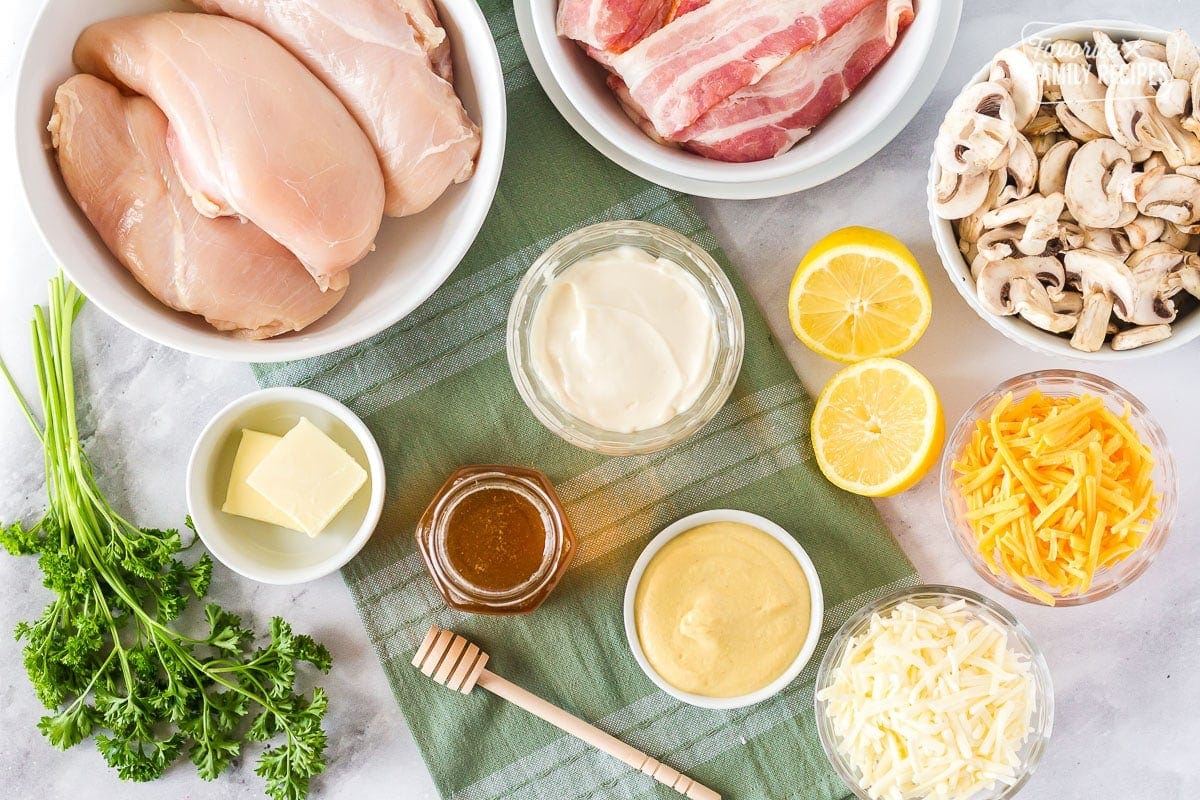 Alice Springs Chicken is a yummy cheesy, bacon and mushroom, delicious hot mess. There is so much flavor in every bite, no wonder it is one of the most popular dishes on the menu at Outback Steakhouse. You won't believe how easy this Alice Springs Chicken recipe is to make! Ingredients for Alice Springs Chicken.
