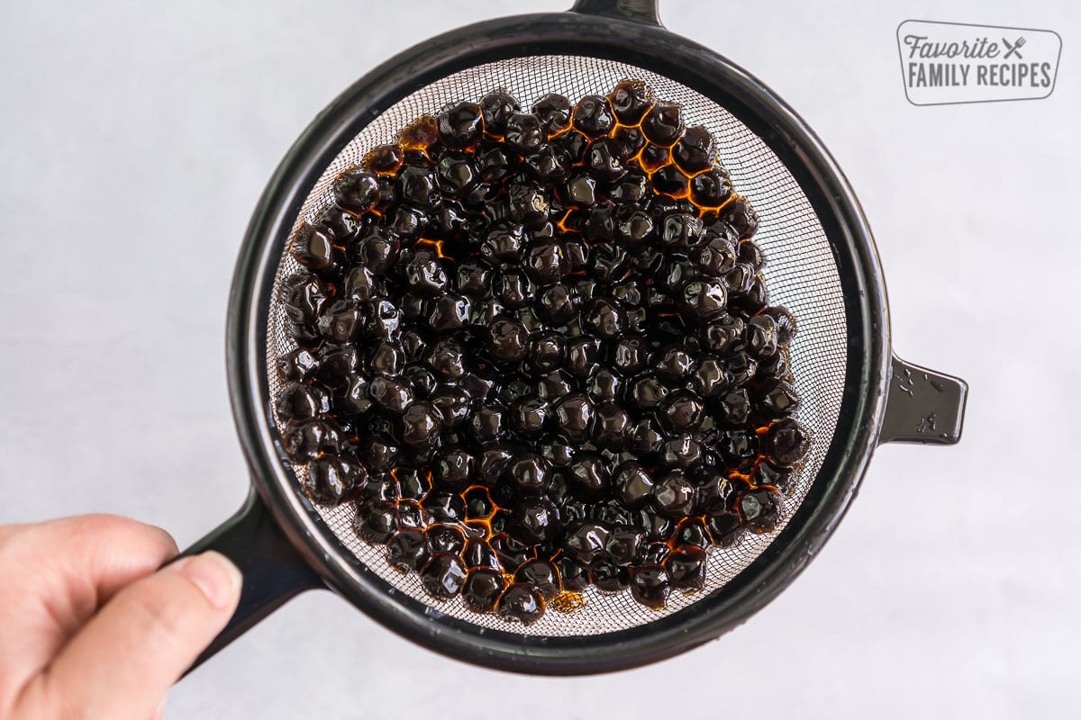 Boba pearls in a strainer