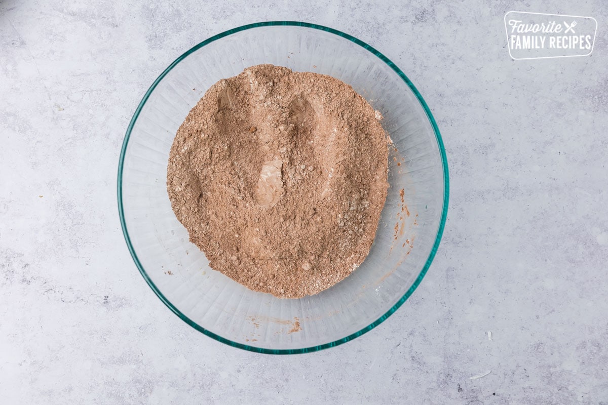 combine flour, sugar, baking powder and cocoa powder